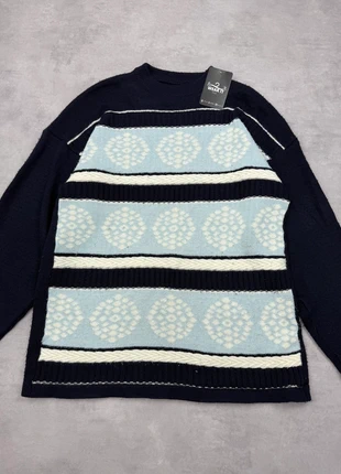 Pull Vintage knit 90’s retro jacquard ethnic marine bleu clair – S Homme - #90sSwEu089, merk: Vintage Dressing, staat: Goed, maat: S, € 12,90, € 14,25 inclusief Kopersbescherming Pro