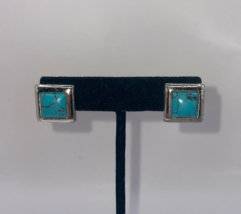 Vintage Southwestern Silver Tone Blue Turquoise Stud Square Statement Earrings 3