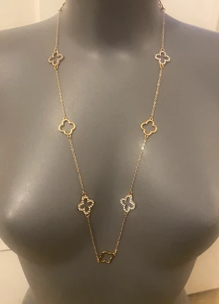 Collier long trèfle sautoir doré et zirconium ajustable inoxydable, état: Très bon état, 8,00 €, 9,10 € Protection acheteurs incluse