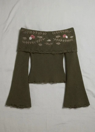 Top en maille côtelée col bardot et manches évasées, broderies – style Cottagecore Nature Rétro, marca: fripp, estado: Muy bueno, tamaño: M / 38 / 10, 32,00 €, 34,30 € Protección al comprador incluida