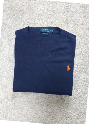 Pull col V, sweat Ralph Lauren Polo, coton bleu marine, logo brodé orange, homme taille  M., marke: Ralph Lauren, zustand: Sehr gut, größe: M, 29,00 €, 31,15 € inklusive Vinted-Käuferschutz