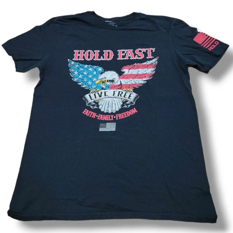 Hold Fast Shirt Size Medium American Flag Bald Eagle "Live Free" Graphic Tee EUC Unisex T-shirt 1