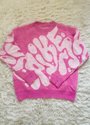 Pull maille rétro oversize, knit Y2K en coton rose à motif abstrait blanc - Taille M, marque: Aesthetic, état: Très bon état, taille: M, 44,00 €, 46,90 € Protection acheteurs incluse