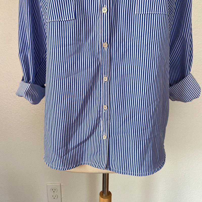 Blue & White Vertical Striped Collarless V-Neck Button Front Blouse 3