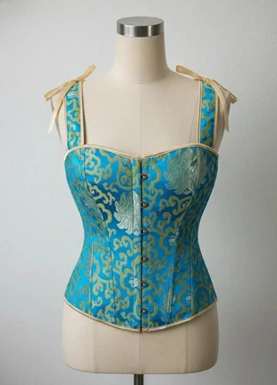 Corset Jacquard Bleu Turquoise – Renaissance Chic / Brocard Doré / Élégance Vintage / Style Féérique, marke: Atelier Lysandra, zustand: Sehr gut, größe: M / 38 / 10, 49,90 €, 53,10 € beinhaltet Vinted-Käuferschutz Pro