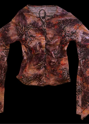 Y2K Retro Grunge Mesh Tie Top Flared Sleeves Vintage Boho Baddie Psychedelic Print, merk: Vintage Dressing, staat: Heel goed, maat: S / 36 / 8, € 15,00, € 16,45 inclusief Kopersbescherming