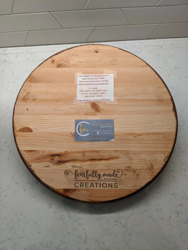 Wooden round serving tray with white writing - 15" 3