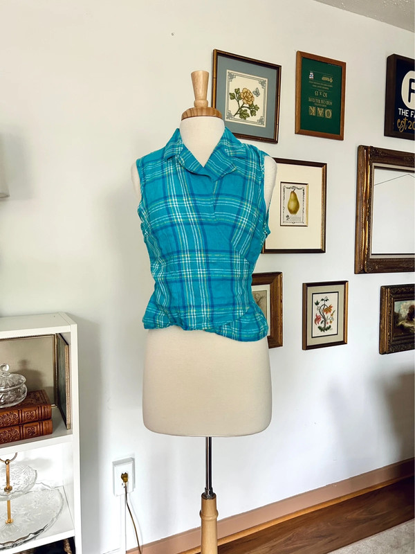 Vintage Linen Blue Plaid Sleeveless Blouse 3