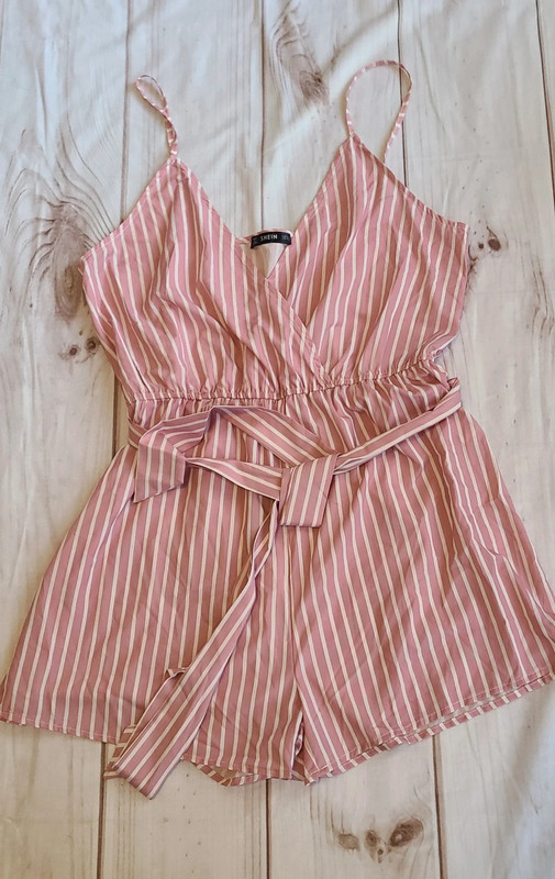 Shein Silky Pink Striped Spaghetti Strap Romper 1