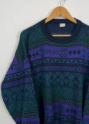Navy dark green purple retro patterned crewneck jumper short fit, brand: Vintage Dressing, condition: Very good, size: L, £27.50, £29.58 includes Buyer Protection Pro