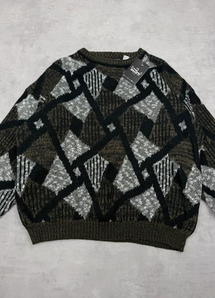 Pull Vintage knit 90’s jacquard abstrait marron noir - L oversize Homme - #90sSwEu090, merk: Vintage Dressing, staat: Heel goed, maat: L, € 29,90, € 32,10 inclusief Kopersbescherming Pro