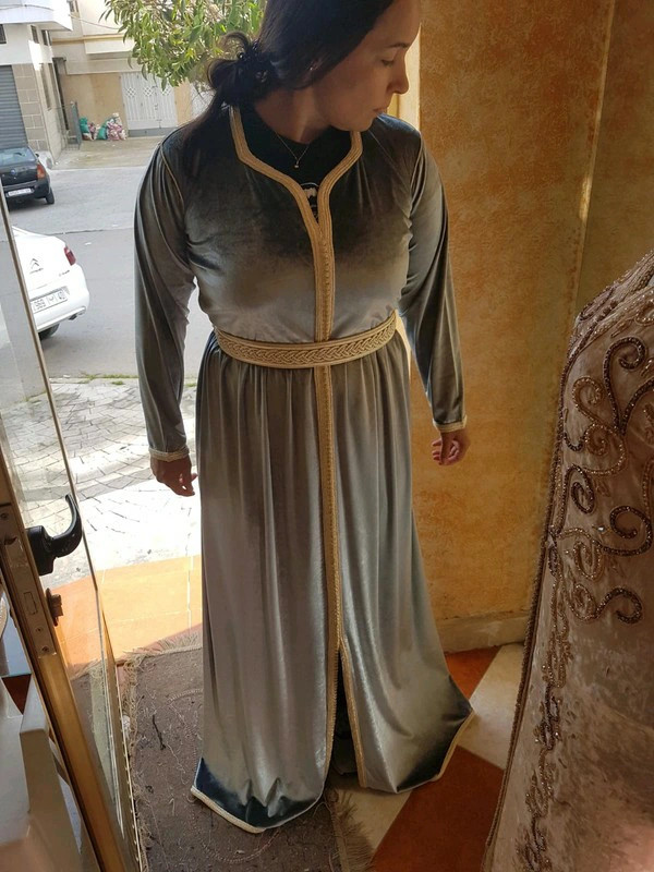 Adelaide Cursus blik Marokkaanse kaftan jurk blauw/grijs met zilver/goud stiksels en bijpassende  riem grote maat L/XL - Vinted