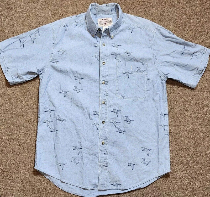 Wrangler Rugged Wear  Button Down Shirt Geese Bird Print Large Blue Short Sleeve 1