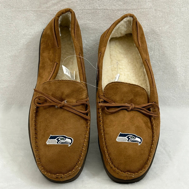 Seattle Seahawks NFL Football Logo FOCO Tan Sherpa Moccasin Shoes Mens XL 11-12 1