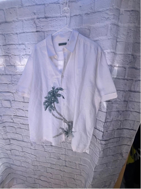 Men's White Linen Shirt with Palm Tree Print-XXL 1