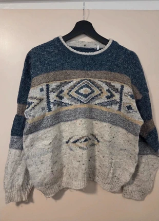 Vintage grof gebreide trui aztec patroon blauw beige gespikkeld., marque: Vintage Dressing, état: Très bon état, taille: S / 36 / 8, 12,00 €, 13,30 € Protection acheteurs incluse