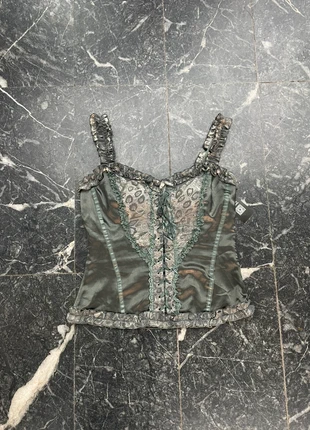 Corset satin vert foncé à dentelle y2k, marke: COQUETTE, zustand: Sehr gut, größe: L / 40 / 12, 25,00 €, 26,95 € beinhaltet Vinted-Käuferschutz Pro