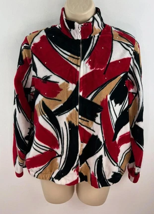 Vintage Alfred Dunner Abstract Print Fleece Jacket – Red / Black / Camel – UK 12–14 Petite, brand: Vintage Dressing, condition: Very good, size: L / 12, £16.00, £17.50 includes Buyer Protection