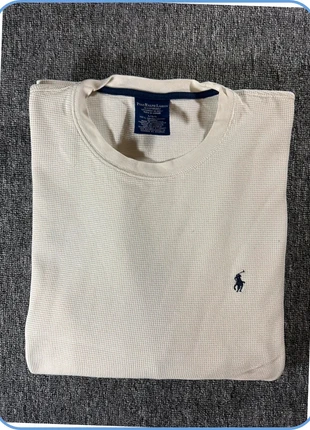 Manche longue nid d’abeilles Ralph Lauren blanc crème | logo brodé bleu marine | taille L, brand: Ralph Lauren, condition: Good, size: L, €19.90, €21.60 includes Buyer Protection