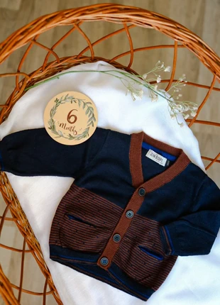 Gilet marine et marron coton et laine, Jean Bourget, 6 mois, brand: Jean Bourget, condition: Very good, size: 3-6 months / 62 cm, €9.00, €10.15 includes Buyer Protection Pro