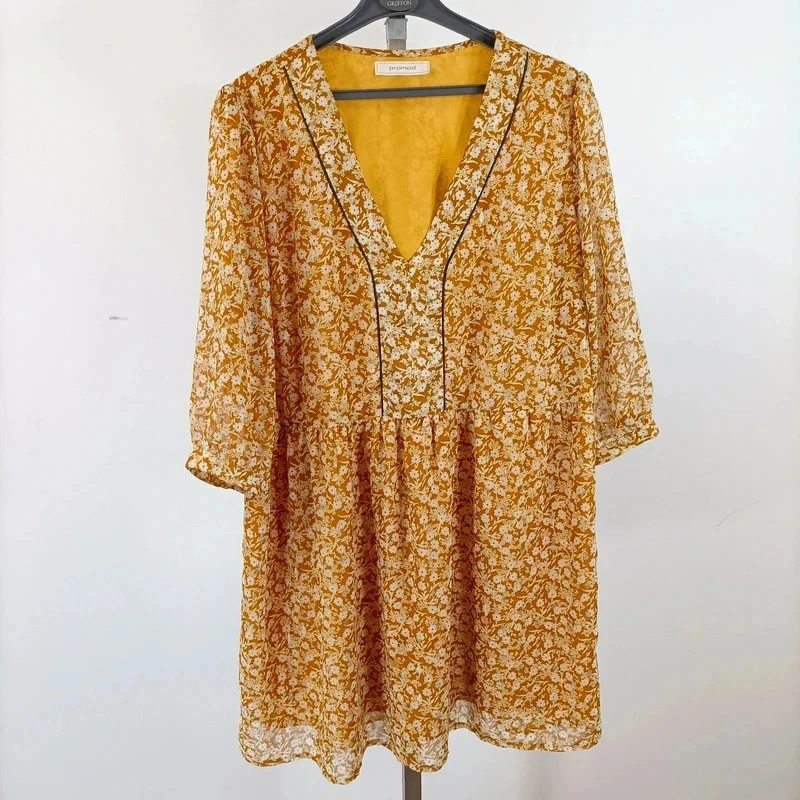 Robe courte à fleurs moutarde Promod manches longues légères taille L 44 Belgique A430