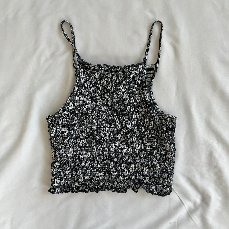 Black and white floral print ruched cropped/mini tank top 1