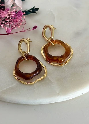 Boucles d’oreilles dorées pendantes doubles ronds asymétriques dorées/marrons - Acier Inoxydable, marque: Boutique Parisienne, état: Très bon état, 20,00 €, 21,70 € Protection acheteurs (Pro) incluse