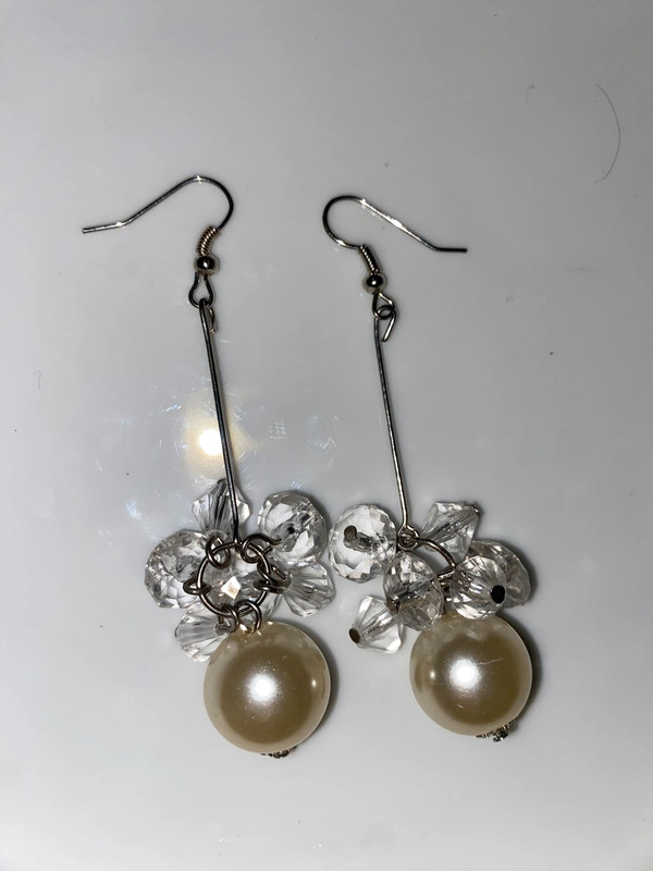 Pair silvertone metal hanging dangly pierced earrings white faux pearl faceted clear stones 2