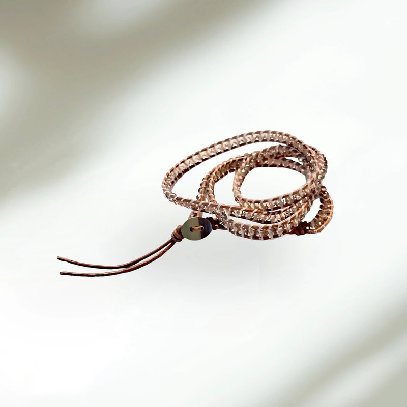 Tan Leather Corded Crystal Wrap Bracelet 3