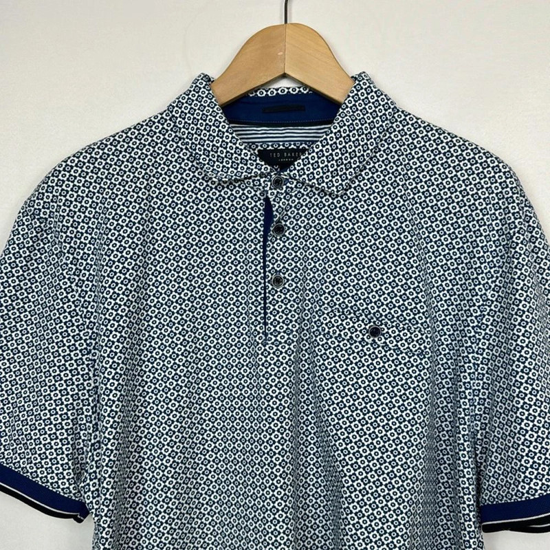 Ted Baker Casual Blue White Geometric Cotton Short Sleeve Polo Shirt Size 7 2