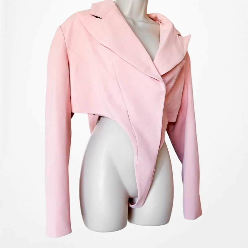 Pastel Pink Padded Shoulder Oversized Bodysuit Cropped Blazer Size L 5