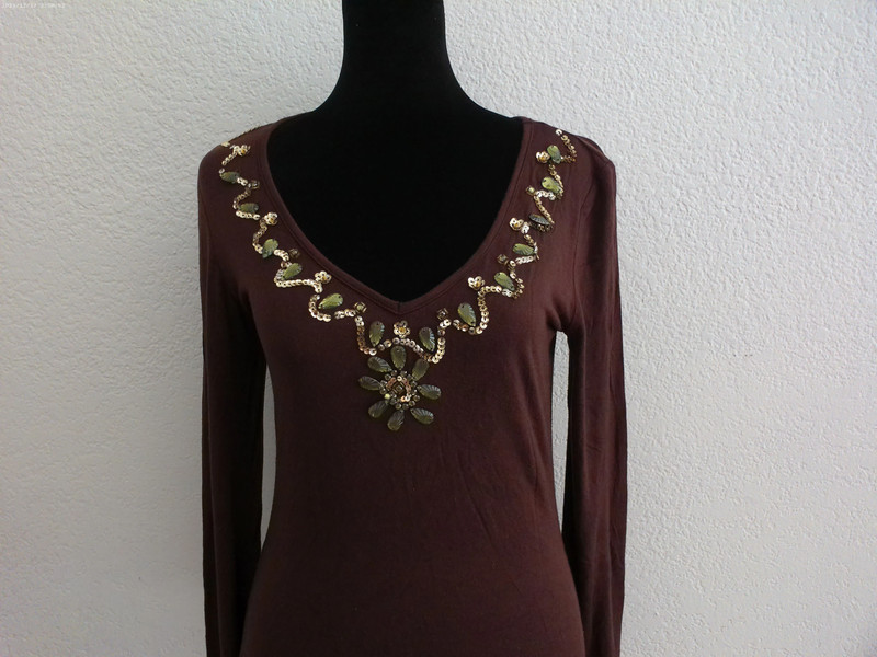 Brown V-neck Long Sleeve Blouse, with green rhinestone, 3