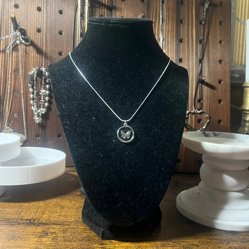 handmade indie plated snake cord necklace with circle silver and black boarder butterfly pendant 4
