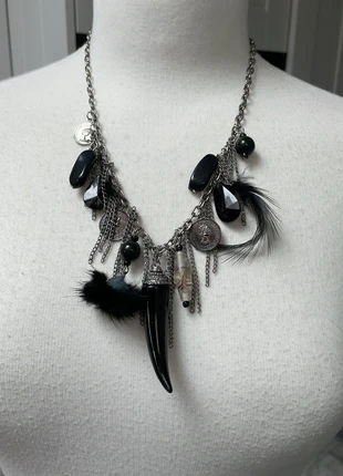 Black faux necklace tusk on silver metal chain with feathers half penny , brand: NECKLACE, condition: Very good, £12.00, £13.30 includes Buyer Protection