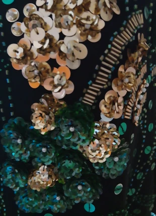 Vintage feestelijk geborduurde goud en groene pailletten kralen top, zwarte zijde, maat 38 - 44, merk: Vintage, staat: Goed, maat: L / 40 / 12, € 23,50, € 25,38 inclusief Kopersbescherming