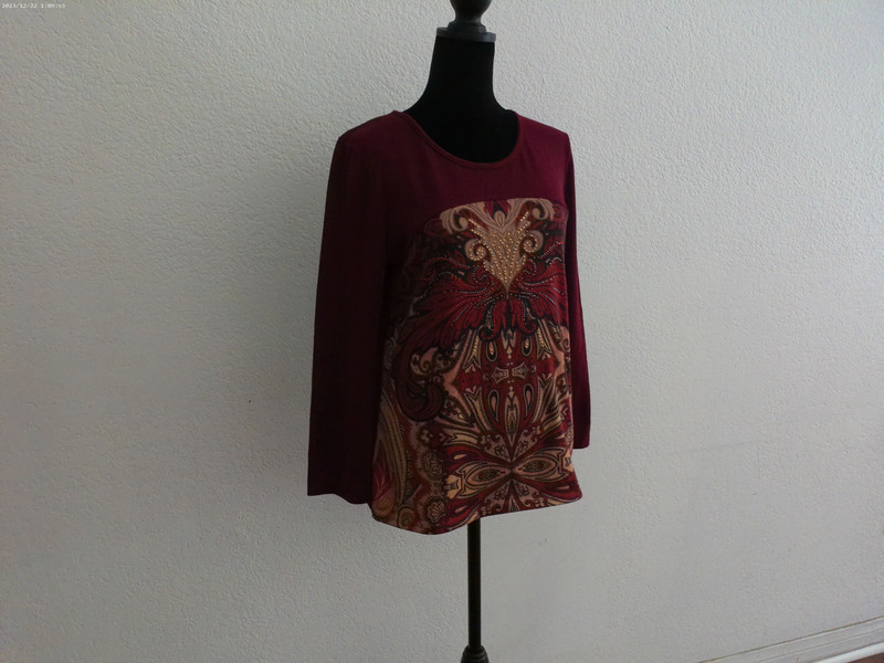 Dark Plum floral Long sleeve blouse, with gold, silver and red 4