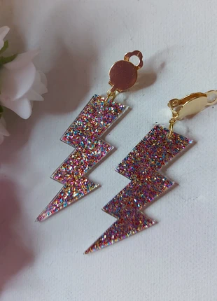 Boucles d'oreilles pendantes éclairs micropailletés holographiques oreilles NON percées à clips, marca: vintage kawai, estado: Muito bom, €7.90, €9.00 inclui Proteção do Comprador