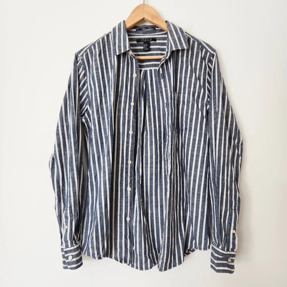 Forever 21 Men's Striped Button Down Shirt Blue White Cotton Linen Look XS 1