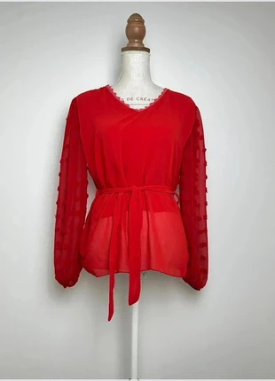 Blouse rouge, ceinture à la taille et manches longues transparente – Taille M (38), condition: Very good, size: M / 38 / 10, €8.00, €9.10 includes Buyer Protection