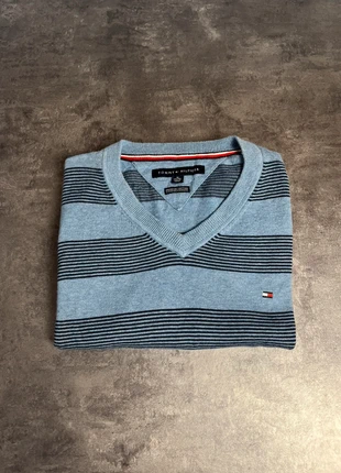 Pull léger Tommy Hilfiger à rayures | Logo brodé | bleu et noir | officiel, brand: Tommy Hilfiger, condition: Very good, size: XL, €13.00, €14.35 includes Buyer Protection