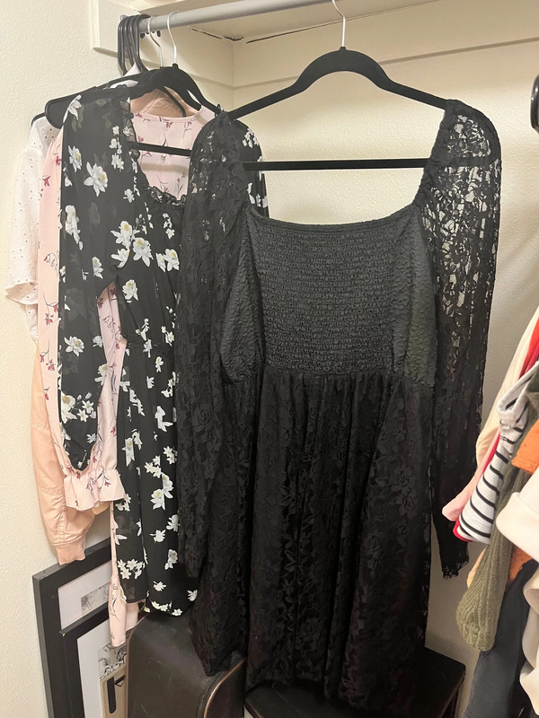 Black A-line dress with long, sheer lace sleeves 1