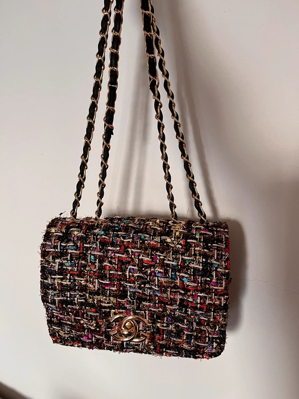 Mini flap bag, Tweed & gold-tone metal, black, pink & burgundy