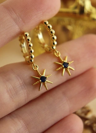 Gold Plated Beaded Hoop Earrings with Sapphire Blue Star Charm, Celestial Minimalist Hoops, brand: Gold Plated Beaded Hoop Earrings, condition: Very good, £5.00, £5.95 includes Buyer Protection