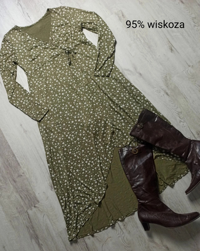 Sukienka midi, kloszowana, print, casual, wiskoza, zielony/khaki, Missguided, L/XL | Vinted