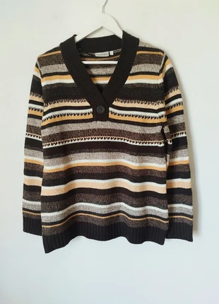 Camisola castanho branco laranja riscas lã jacquard v neck 90s y2k vintage, marca: Vintage Dressing, estado: Muito bom, tamanho: L / 40 / 12, €12.00, €13.30 inclui Proteção do Comprador