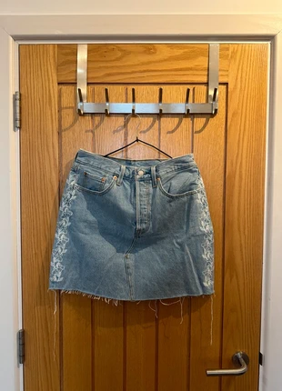 Levi’s Blue High Waisted Denim Skirt with flowers, frayed ends, waist 28 / W28, brand: Levi's, condition: Very good, size: Other, £20.00, £21.70 includes Buyer Protection