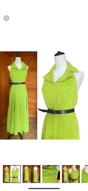 Vintage 70s Lime Green Dagger Collar Sleeveless Ditsy Floral Halter Maxi Dress 1