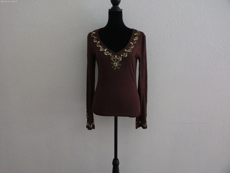 Brown V-neck Long Sleeve Blouse, with green rhinestone, 5