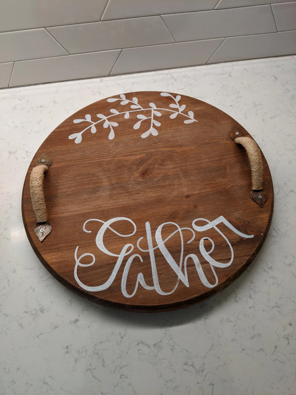 Wooden round serving tray with white writing - 15" 2