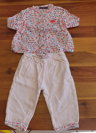 Ensemble chemise+pantalon fille rose blanc 9 mois